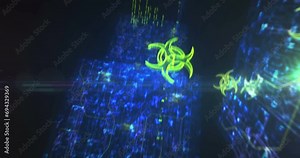 Biohazard danger alert and virus warning symbol abstract cyber concept. Digital technology background seamless and loopable dynamic 3d animation.
