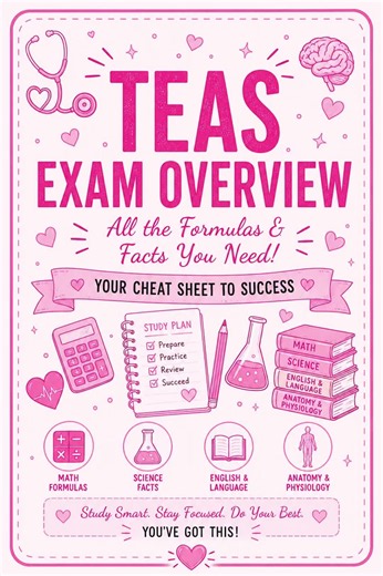 📚✨ TEAS EXAM OVERVIEW ✨📚 Getting ready for the TEAS exam? This cheat sheet covers key concepts and formulas you need to know before test day! 🩷 Topics include: 🧮 Math formulas & conversions 🧪 Science concepts 📖 Reading strategies ✍️ English & Language Usage 💡 Test-taking tips Remember: Consistent practice beats cramming every time! Small study sessions each day can make a huge difference. 🌟 📌 Save this post for your next study session. 📤 Share it with a friend preparing for the TEAS. �