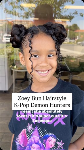 8.6K views · 137 reactions | K-Pop Demon Hunters Hairstyle - Zoey Buns on Curly Hair I used @rizoscurls hair gel for her curls and ponytails  #huntrix #kpopdemonhunters #braidedbuns #mirellamanelli | Mirella Manelli - Hair Educator | Facebook