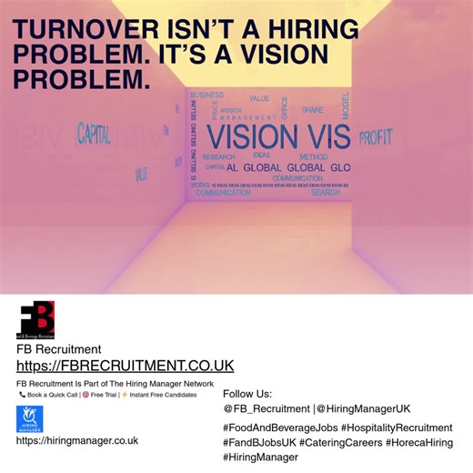 Turnover Isn’t a Hiring Problem. It’s a Vision Problem. ❝ If people are leaving, the question isn’t “who hired them?” It’s “what did they expect—and what did they get?” ❞ 👉 Our process ensures candidates know the job, the culture, and the journey—before they accept. 📞 Book a Quick Call | 🎯 Free Trial | ⚡ Instant Free Candidates 🔗 https://fbrecruitment.co.uk @FB_Recruitment | Network: @HiringManagerUK #TalentPipeline #TimeToHire #HiringData #HiringManager #HospitalityCareers #Jobs #Recruitmen