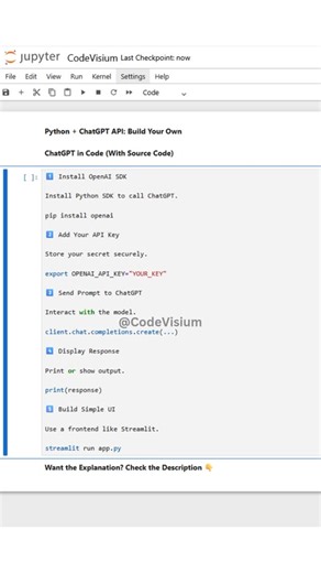 CodeVisium on Instagram: "Build your own ChatGPT-like app in Python using the official OpenAI API. Learn how to install, authenticate, send prompts, and create a simple UI using Streamlit — all explained with real source code you can run today. #Python #ChatGPT #AI #OpenAITutorial #CodeVisium"