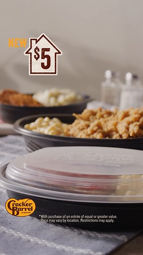 Our new $5 Take Home Meals include generous portions of our homestyle favorites to enjoy. It’s as easy as heat & eat. *With purchase of an entrée of equal or greater value. Price may vary by location. Restrictions may apply. | Cracker Barrel Old Country Store | Facebook