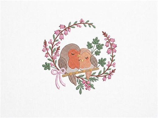 Love Birds Embroidery Designs, DIY Projects, Cute Couple Birds, Bird Floral Wreath Embroidery Design - Etsy