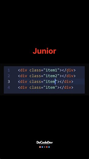 Arun Singh Pundir | DeCodeDev.in on Instagram: "HTML Emmet - Junior vs Senior 🧑‍💻 Boost your web dev skills🌝 Follow @de.code.dev for more @de.code.dev . . Learn Coding Frontend development, web development, HTML, CSS, JavaScript, React, Python #webdev #frontenddev #learntocode #javascript #reactjs #codinglife👩‍💻✍️"