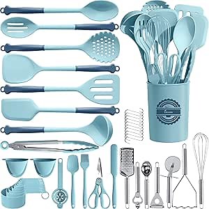 Kikcoin 43Pcs Large Kitchen Utensils Set - Silicone Cooking Utensils Set, Dishwasher Safe Spatula Set for Non-stick Cookware, 446°F Heat Resistant Kitchen Utensils Set with Holder BPA Free, Blue