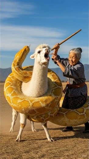 BRAVE Grandma Saves Llama from GIANT Snake Attack! 🐍😱 fyp #viral #snake #python #llama #grandma