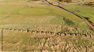 Scottish link golf course from the air with anti-tank concrete blocks in the foreground