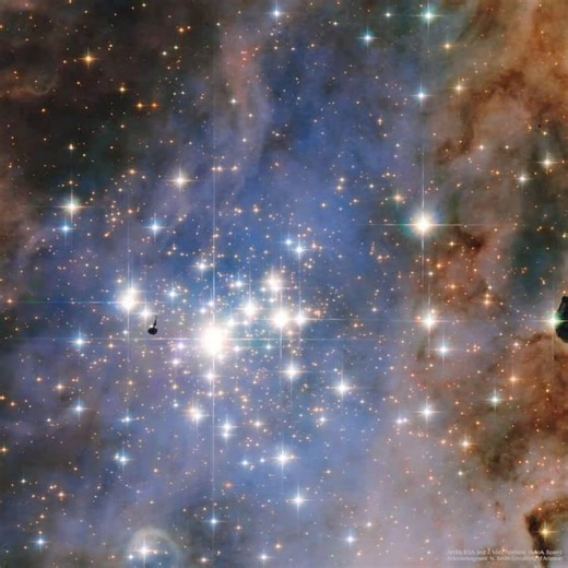 Young Star Cluster Trumpler 14 from Hubble Image Credit: NASA, ESA, and J. Maíz Apellániz (IoAoA Spain); Acknowledgment: N. Smith (U. Arizona) Explanation: Why does star cluster Trumpler 14 have so many bright stars? Because it is so young. Many cluster stars have formed only in the past 5 million years and are so hot they emit detectable X-rays. In older star clusters, most stars this young have already died -- typically exploding in a supernova -- leaving behind stars that are fainter and redd