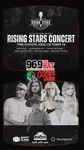 RISING STARTS CONCERT @joshrossmusic @alexandrakaymusic @chasemcdanielmusic @prestoncoopermusic @greylanjames @megpatrickmusic 🤠🤠 Hosted by @grahambandsarahlee @sarah_lee_radio @grahambunn @969thekat 🗓️ Thursday, October 16th 🎟️ TICKETS at coyote-joes.com 🔗 in BIO. *All shows are General Admission. You must be at least 18 years old to be admitted, NO EXCEPTIONS.* | Coyote Joes