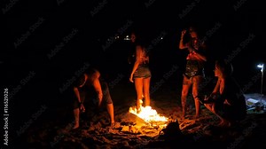 Bonfire Burning on a Beach and People Camping and Fun around it