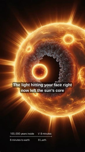 The light hitting your face right now left the Sun's CORE 100,000 years ago.
