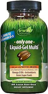 Irwin Naturals Only One Liquid-Gel Multi with Iron - 60 Liquid Softgels - Daily Essential Vitamins, Minerals, Antioxidants, Omega-3s & Green Super Foods
