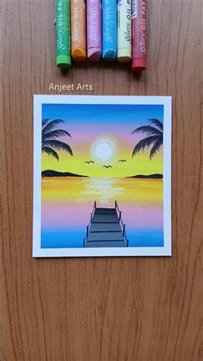 Easy Sunset Lake Scenery Drawing | Oil Pastel Art #shorts