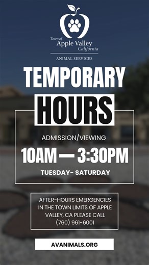 Apple Valley, CA — September 18, 2025 – Town of Apple Valley Animal Services is announcing a managed admission system of non-emergency owner surrenders and stray intake, effective September 19, 2025. This difficult but necessary step will allow our staff to provide the best possible care for the animals already in our facility, allowing us to increase placement of adoptable animals into permanent loving homes. Link to announcement for more info: https://www.facebook.com/AVAnimals/posts/pfbid02TU