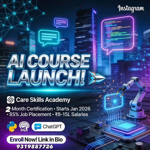 AI Course Launch Alert! Care Skills Academy proudly launches its 2 Month AI Certification starting January 2026! Master Python, Machine Learning, Generative AI, NLP & land ₹8-15L tech jobs with 85% placement guarantee. Hands-on projects - Expert trainers - 500 hiring partners Enroll now - Limited seats! Link in bio. #AICourse #CareSkillsAcademy #ArtificialIntelligence #MachineLearning #TechJobs NoidaTraining AIRevolution LearnAI Career2026 SkillIndia | Care Skills Academy