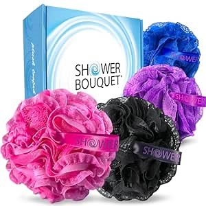 Loofah-Bath-Sponge Hot-Lacey-Mesh // 4-Sexy-Lace-Colors by Shower Bouquet / 2-Scrubs-in-1 Large Full 60g Pouf Body Luffa Loofa Loufa Puff - Exfoliate, Cleanse Skin with Luxurious Bathing Accessories