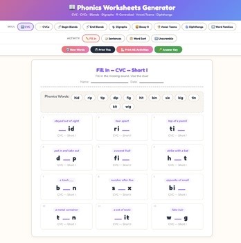 Phonics Worksheets Generator PREMIUM | K-2 | 1,400+ Words | with Answer Key