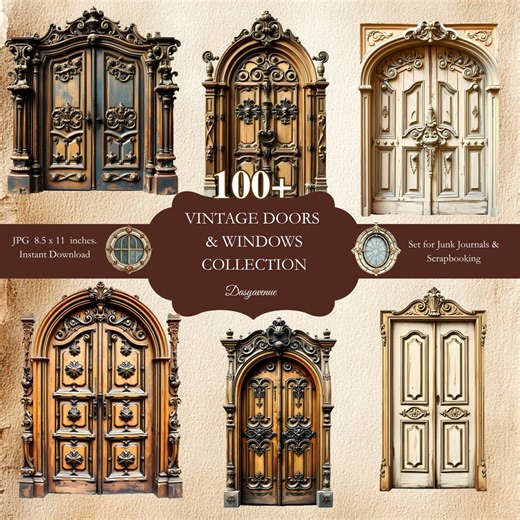 Vintage Doors Clipart, Printable Windows, Architectural Ephemera, Junk Journal Kit, Rustic Fantasy Arch, Scrapbook Collage Sheet, Digital - Etsy