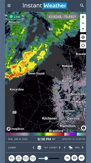 Non-severe storms producing lightning and heavy rain from #OwenSound towards #Barrie. (10:52pm - Sun, Jun 16, 2024) #onstorm #ontario | Instant Weather Ontario