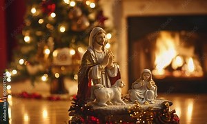 Jesus Christ Nativity scene in atmospheric lights near Christmas tree in front of fireplace. Christmas scene