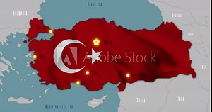 Map of Turkey in the colors of national flag. The capital and major cities are marked.