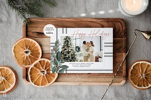 Plaid Christmas Landscape Photo Card Template, Editable Holiday Card Canva, Greenery Watercolor Christmas Card, Double Sided Christmas Card - Etsy