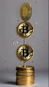 A stack of Bitcoin cryptocurrency coins with three coins balanced on top of a rod. Seamless looping 4k time-lapse virtual video background
