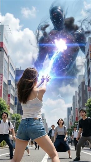 スタイル抜群の長身美女がコズミックホラー級の侵略者に立ち向かい、両手からエネルギー波を発射！衝撃波で敵を倒して地球を守る #コズミックホラー #SF #アクション #美少女 #ヒーロー