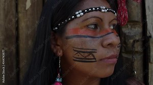 Closeup face of Native Brazilian Woman at an indigenous tribe in the Amazon