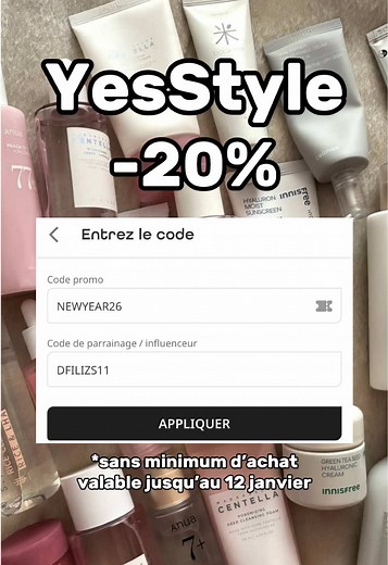 -20% sur @YesStyle avec les codes : Promo: NEWYEAR26 Influenceur : DFILIZS11 Valable jusqu’à lundi 12 janvier 🥰 profitez en 🫰🏻 Autres codes qui n’expirent jamais 👇🏻 -17% de réduction dès 53€ d’achats : Code Promo : TINA12 Code Parrainage: DFILIZS11 -15% de réduction dès 45€ d’achats : Code promo: YUN10 Code parrainage : DFILIZS11 -5% de réduction sans minimum d’achat : Code parrainage : DFILIZS11 @YesStyleInfluencers #yesstyle #yesstylecode #yesstylecodes #yesstylecoupon #yesstyleinfluencer