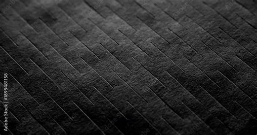 Macro Black Texture with Diagonal Grooves. Slow panning footage across a dark matte surface featuring parallel linear ridges, revealing subtle depth through shifting shadows and highlights.