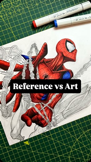 Noops DS Art on Instagram: "How am I doing? More progress on this Spider-Man fan art, which is heavily inspired by two amazing Spidey comic artists @joequesada and @officialmarkbagleyart Had to give these references a go, and this is what I have so far. Probably doesn’t make sense, and I’m way more used to anime style shading - but we’ll see what happens when I finish the legs 🙈🕸️🕸️ I’m using COPIC markers for the coloring. #spidermanfanart #drawingspiderman #artvsreference #comicart #artprog