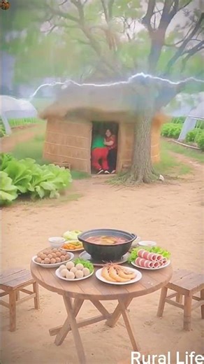 Two people eating hot pot food outside during a thunderstorm #rurallife #shortsfeed