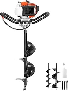 VEVOR Post Hole Digger,52cc 1450W Auger Digger,Gas Powered Earth Digger with Two Drill Bit 6''& 10''and 3 Extension Rods,for Farmland,Garden and Plant,EPA Certification,Black+Orange+White