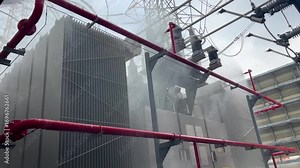 Transformer fire protection substation safety with sprinkler emergency response for industrial power systems, smoke control, high voltage equipment cooling, red pipe network, switchgear, insulators