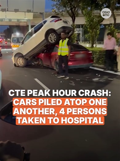 A four-car accident along the CTE (towards SLE) on Tuesday (Jan 6) evening left a white Nissan SUV piled atop a red sedan. Four persons were taken to the hospital. #sgnews #Singapore #Police #Road #Accident #Car #Taxi