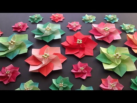 クリスマス折り紙 ポインセチア 立体 1枚 折り方 Origami Christmas Poinsettia tutorial（niceno1）