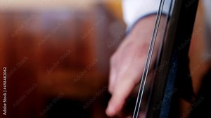 The musician plays the Ukrainian traditional bandura instrument, hand and strings close up, plays an unusual string instrument
