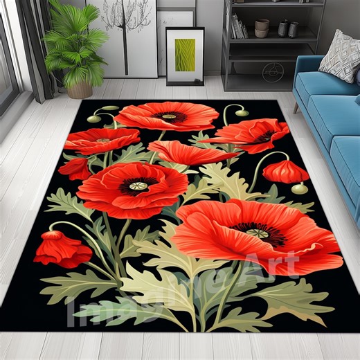 Red Poppy Floral Area Rug - Botanical Art Decor - Etsy