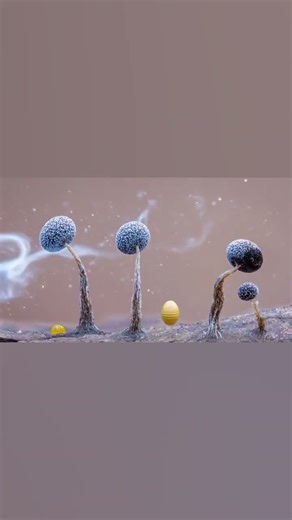 A line of alien-like slime molds on a fallen tree.