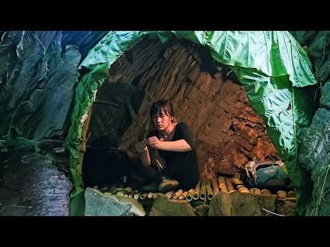 Primitive building forest hut in mountain forest & survive first night – forest survival skills