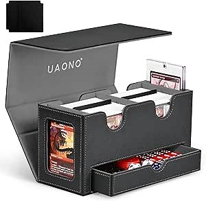 Card Deck Box for MTG, Double Storage Box with 2 Commander Display & 1 Dice Tray, Fits 200+ Double Sleeved, Organizer for CCG TCG Sports(Black Gray)