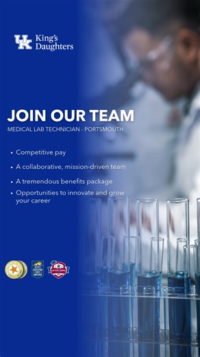 Now Hiring: Medical Laboratory Technician (MLT) Enjoy science and detail-focused work? Join the laboratory team at UK King’s Daughters and play an important role in patient care. This position performs and verifies laboratory testing, completes STAT results, supports quality control, and works closely with physicians and care teams to deliver accurate, timely information. Requirements: -Associate degree in laboratory science or medical laboratory technology, or CLIA-qualified equivalent -ASCP ML