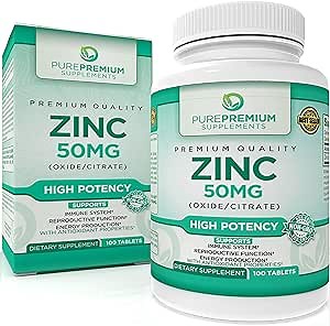 PurePremium Natural Zinc 50mg Supplements for Men/Women - GMP-Certified High Potency Vitamin Zinc Citrate/Oxide for Adults, Immune Antioxidant, Energy Support - 100 Tablets