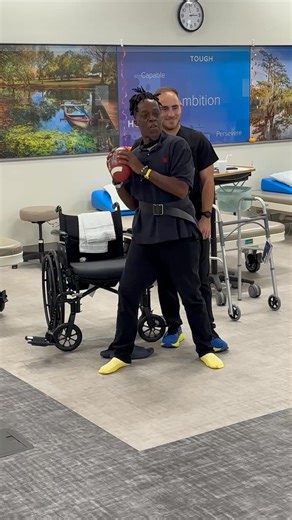 Andrea Samuels came to Encompass Health of Shreveport after a stroke and a severe seizure. He was debilitated and had severe ataxia, which made mobility and walking extremely difficult. Our therapists worked closely with Andrea, challenging him with obstacles and dual-task activities. With his musical background, Andrea progressed in motor planning and control through drumming sessions. He also enjoyed throwing a football, which helped strengthen his core stability and dynamic control. Andrea wa