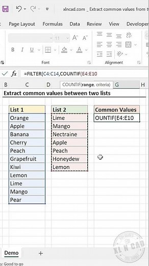 Excel formula to find the Common Values between two Lists