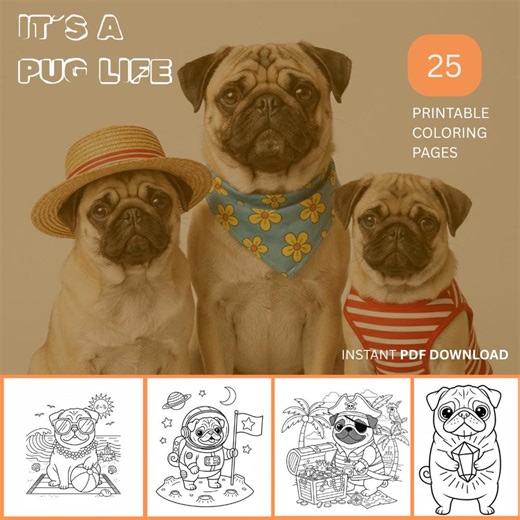 Pug Colouring Pages for Kids - 25 Page Printable Dog Activity Colouring Pack - Etsy
