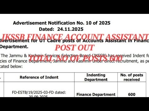 Jkssb finance account assistant post 600 out|jkssb new vacancies account finance out