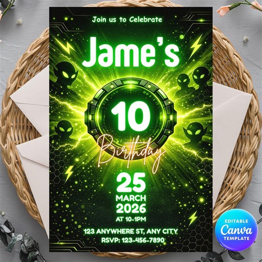 Neon Alien Birthday Invitation, Space Theme Kids Party Invite, Glow Printable - Etsy