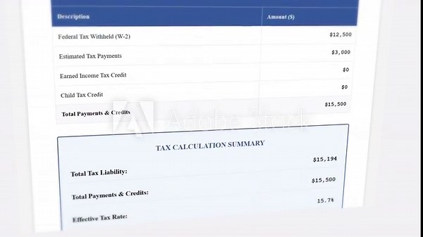 Tax calculation worksheet with animated counters showing income deductions and refund amounts